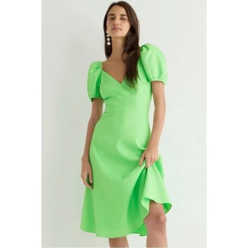 NWT J.Crew Size 2 Puff-Sleeve V-Neck Midi Dress Stretch Linen Blend Green